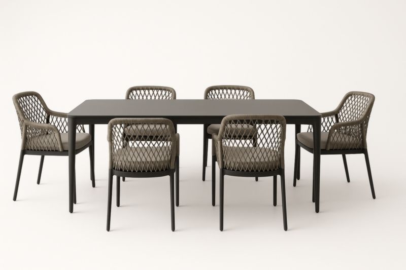 Set tavolo e 6 sedie in metallo nero 180x90x75 cm-Kroneliva