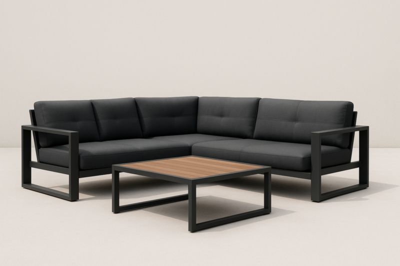 Divano angolare da esterno in alluminio e poliestere nero con tavolino in legno-Kroneliva
