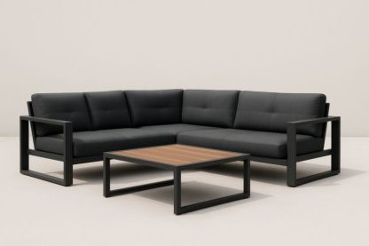 Divano angolare da esterno in alluminio e poliestere nero con tavolino in legno-Kroneliva
