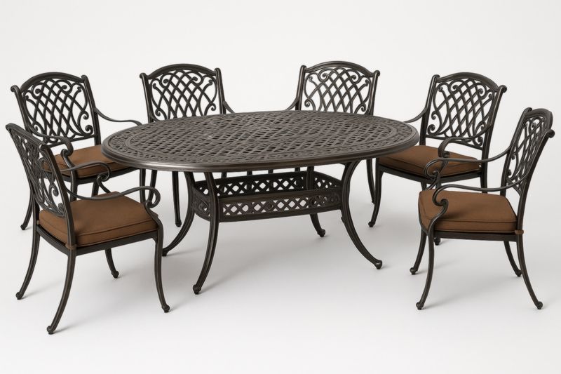 Set Tavolo Ovale e Sedie in Metallo con Cuscini Marroni-Kroneliva