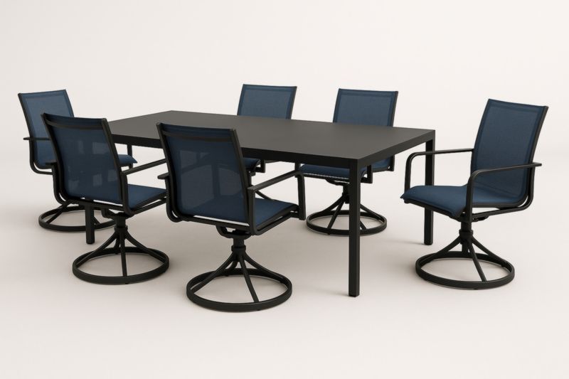 Set Tavolo da Giardino in Alluminio Nero con 6 Sedie Blu in Tessuto Traspirante-Kroneliva