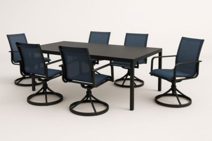 Set Tavolo da Giardino in Alluminio Nero con 6 Sedie Blu in Tessuto Traspirante-Kroneliva