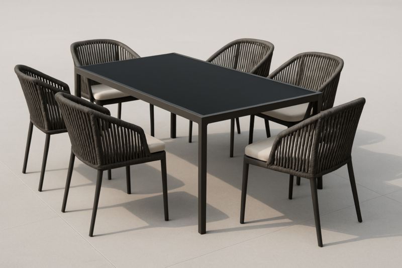 Set tavolo e sedie da esterno in alluminio e vimini con piano in vetro temperato 6 posti-Kroneliva
