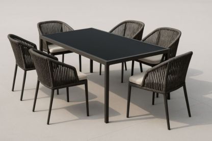 Set tavolo e sedie da esterno in alluminio e vimini con piano in vetro temperato 6 posti-Kroneliva