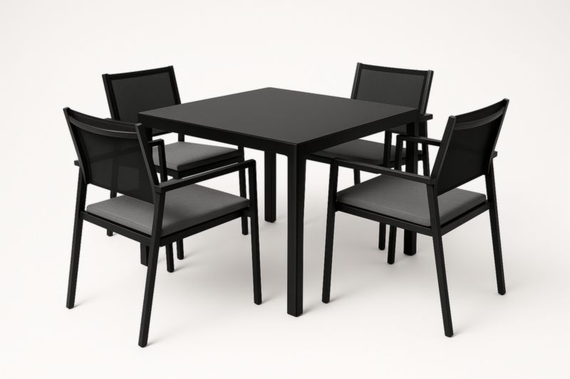 Set Tavolo Quadrato con 4 Sedie Nero Metallo e Tessuto-Kroneliva