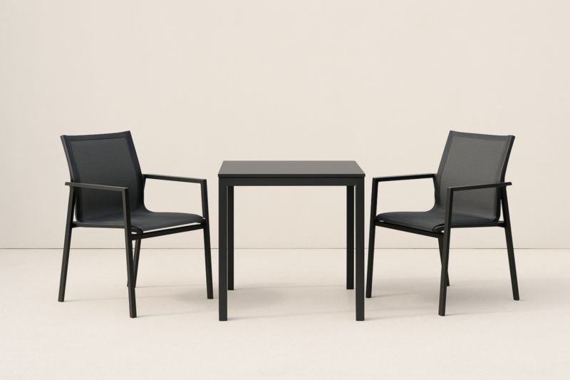 Set Tavolo e 2 Sedie Nere in Alluminio e Tessuto-Kroneliva