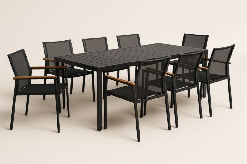 Set da Pranzo per Esterni in Alluminio Nero con 8 Sedie in Tessuto e Braccioli in Legno-Kroneliva