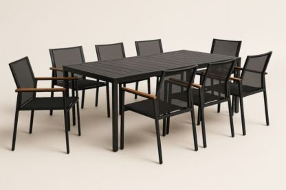 Set da Pranzo per Esterni in Alluminio Nero con 8 Sedie in Tessuto e Braccioli in Legno-Kroneliva