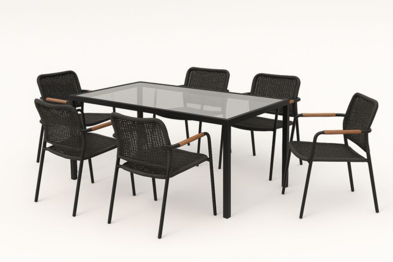 Set Tavolo da Giardino in Vetro e 6 Sedie in Acciaio e Nylon Nero-Kroneliva