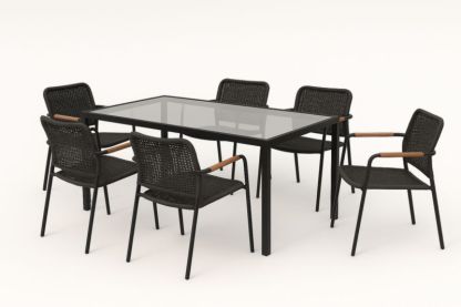 Set Tavolo da Giardino in Vetro e 6 Sedie in Acciaio e Nylon Nero-Kroneliva