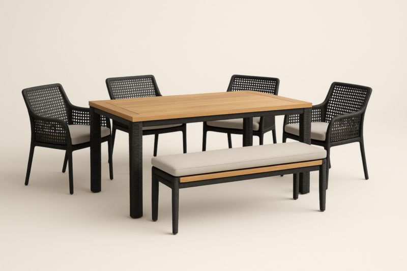 Set pranzo in legno e rattan sintetico con sedie e panchina-Kroneliva