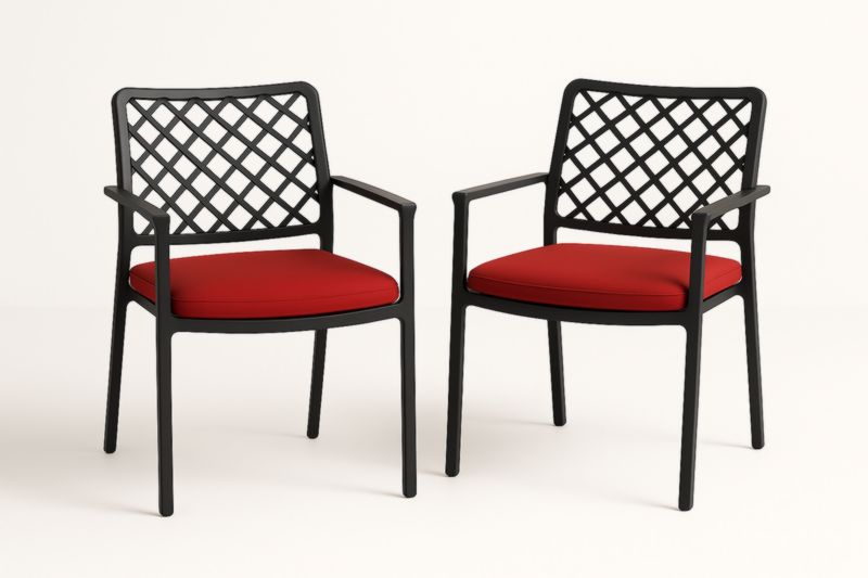 Set 2 Sedie in Polipropilene Nero con Cuscino Rosso-Kroneliva