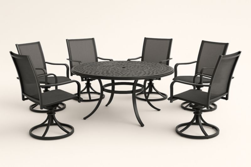 Set da pranzo per esterni in alluminio nero con tavolo rotondo e 6 sedie girevoli-Kroneliva