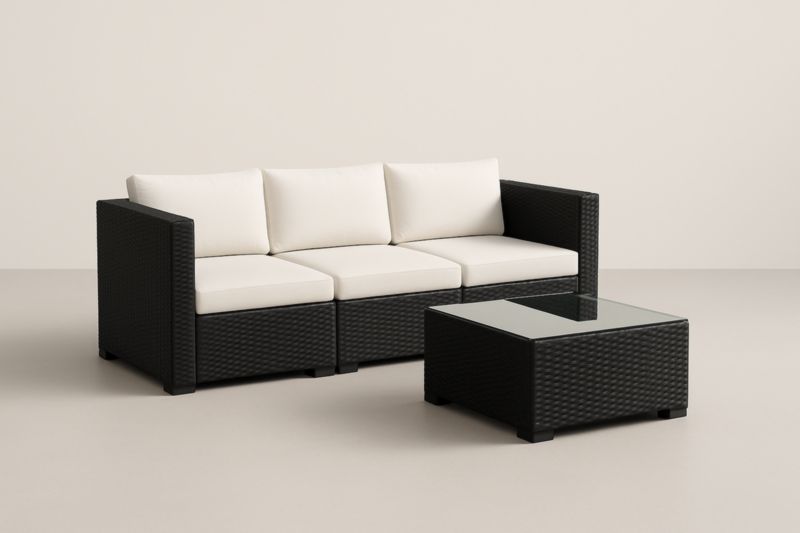 Set divano 3 posti in rattan nero con tavolino in vetro temperato-Kroneliva
