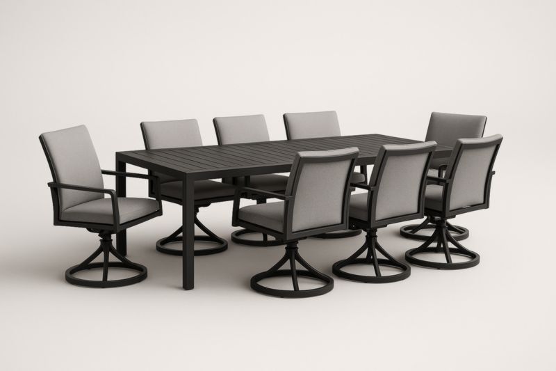 Set tavolo in alluminio nero con 8 sedie in tessuto grigio-Kroneliva