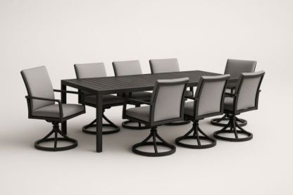 Set tavolo in alluminio nero con 8 sedie in tessuto grigio-Kroneliva