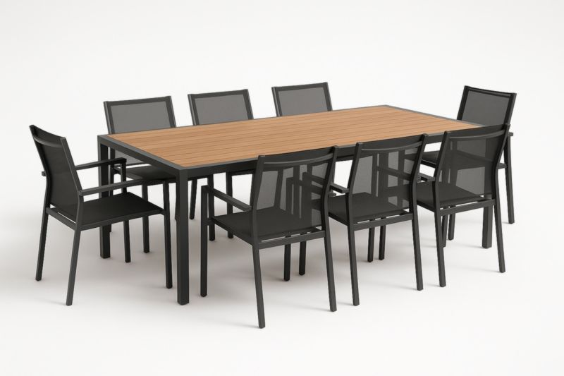 Set da pranzo 8 pezzi con tavolo in alluminio e legno e sedie in textilene nere-Kroneliva