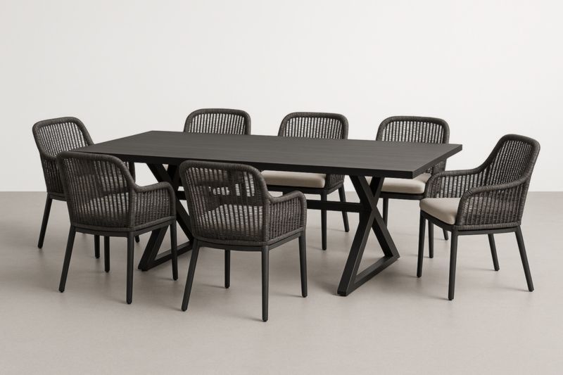 Set Tavolo Rettangolare con 7 Sedie in Alluminio e Poliestere Nero-Kroneliva