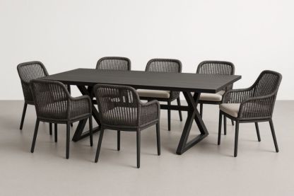 Set Tavolo Rettangolare con 7 Sedie in Alluminio e Poliestere Nero-Kroneliva