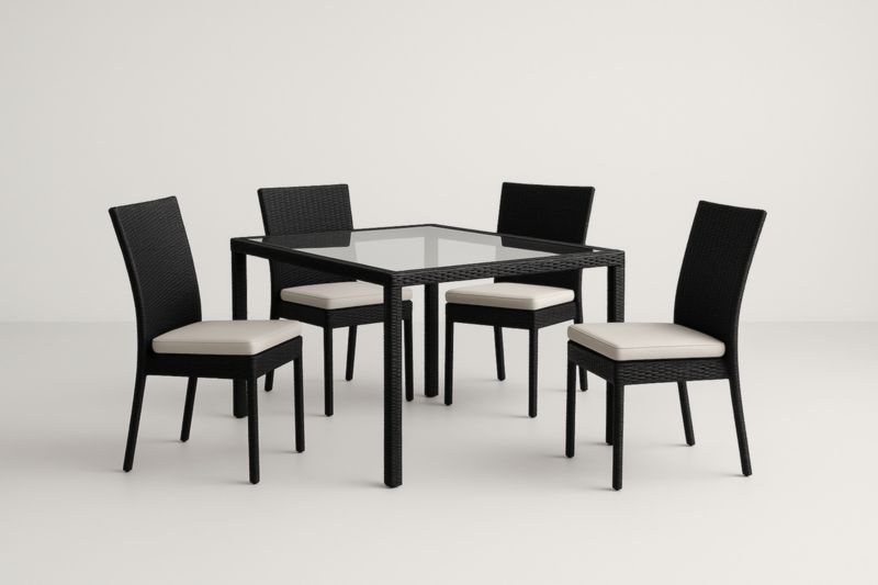 Set tavolo e sedie in rattan e vetro temperato nero e crema-Kroneliva