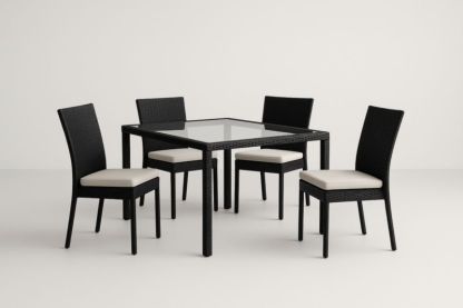 Set tavolo e sedie in rattan e vetro temperato nero e crema-Kroneliva