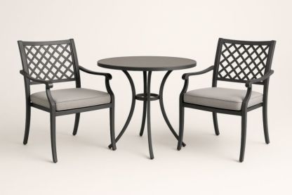 Set tavolo e sedie in metallo nero con cuscini grigi-Kroneliva