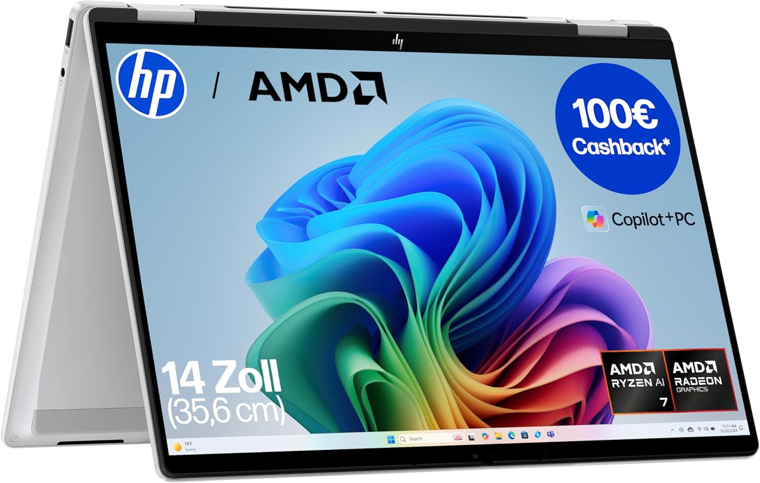 HP OmniBook X Flip 2in1 Next Gen AI Laptop - AMD Ryzen AI 7 350 8C - dedizierte NPU für KI - 50 NPU Tops - Copilot PC - 14 Zoll WUXGA 1920x1200 Touchscreen - 16GB - 512GB SSD - Win11 - QWERTZ - Silber-Warmthsta