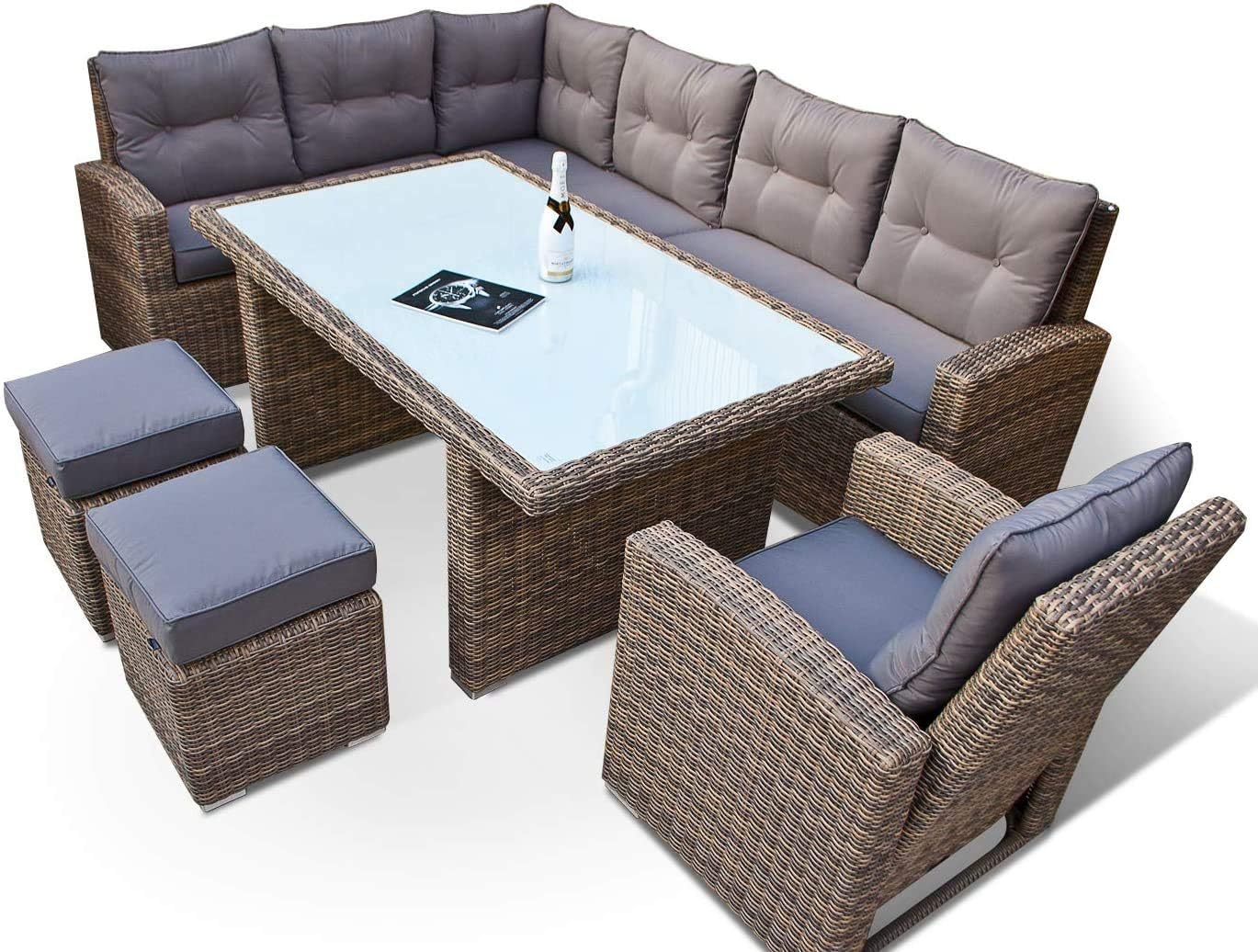 hohe Dining Lounge - DEUTSCHE Hersteller - 8 Jahre GARANTIE - EIGENE Produktion - PolyRattan Gartenmöbel Essgruppe Sessel Naturfarben Rundrattan Grau-Warmthsta