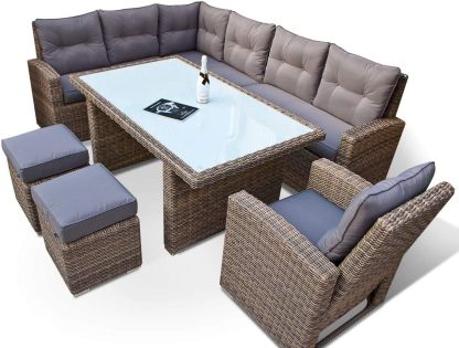 hohe Dining Lounge - DEUTSCHE Hersteller - 8 Jahre GARANTIE - EIGENE Produktion - PolyRattan Gartenmöbel Essgruppe Sessel Naturfarben Rundrattan Grau-Warmthsta
