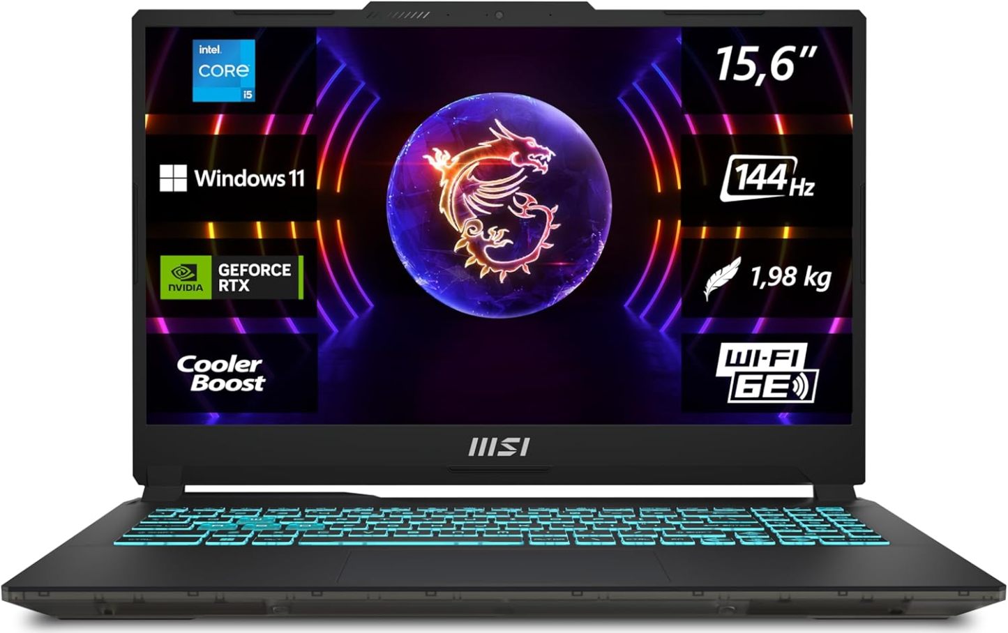 MSI Cyborg 15 Gaming Laptop, 15,6 Zoll Full HD 144Hz, Intel Core i5 - 13420H, NVIDIA GeForce RTX 4050, 16GB DDR5, 512GB SSD, Windows 11 Home, QWERTZ Tastatur, A13VE - 863, Schwarz transparent-Warmthsta