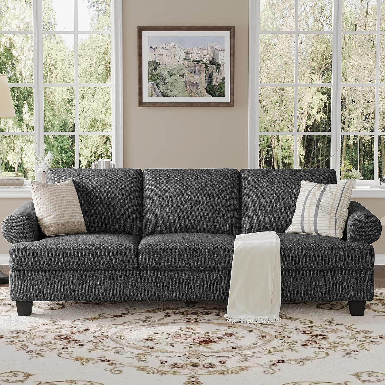 231CM Sofa Couch, Leinenstoff Tiefem Sitz Sofa mit Lawson Armlehnen, Modernes 3 - Sitzer - Sofa mit gepolsterten Kissen und Rückenlehnen, Bequeme Couch im Mid - Century - Stil für Wohnzimmer Wohnung-Warmthsta