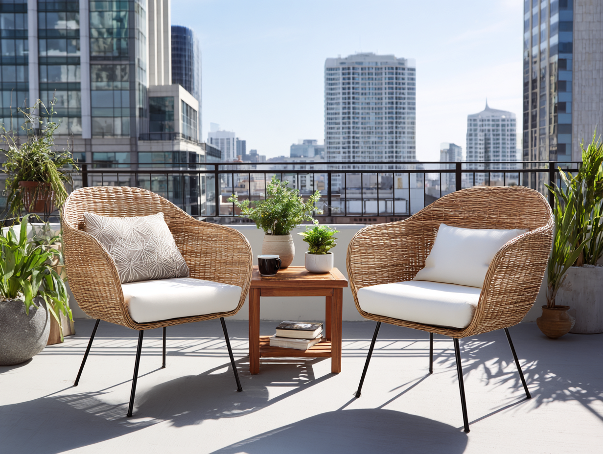 Tisch-und Stuhlset - Rattan - Stuhl 70x60x85 cm - Holz natur/Schwarz/Weiß - für Garten - modernes Design-Warmthsta