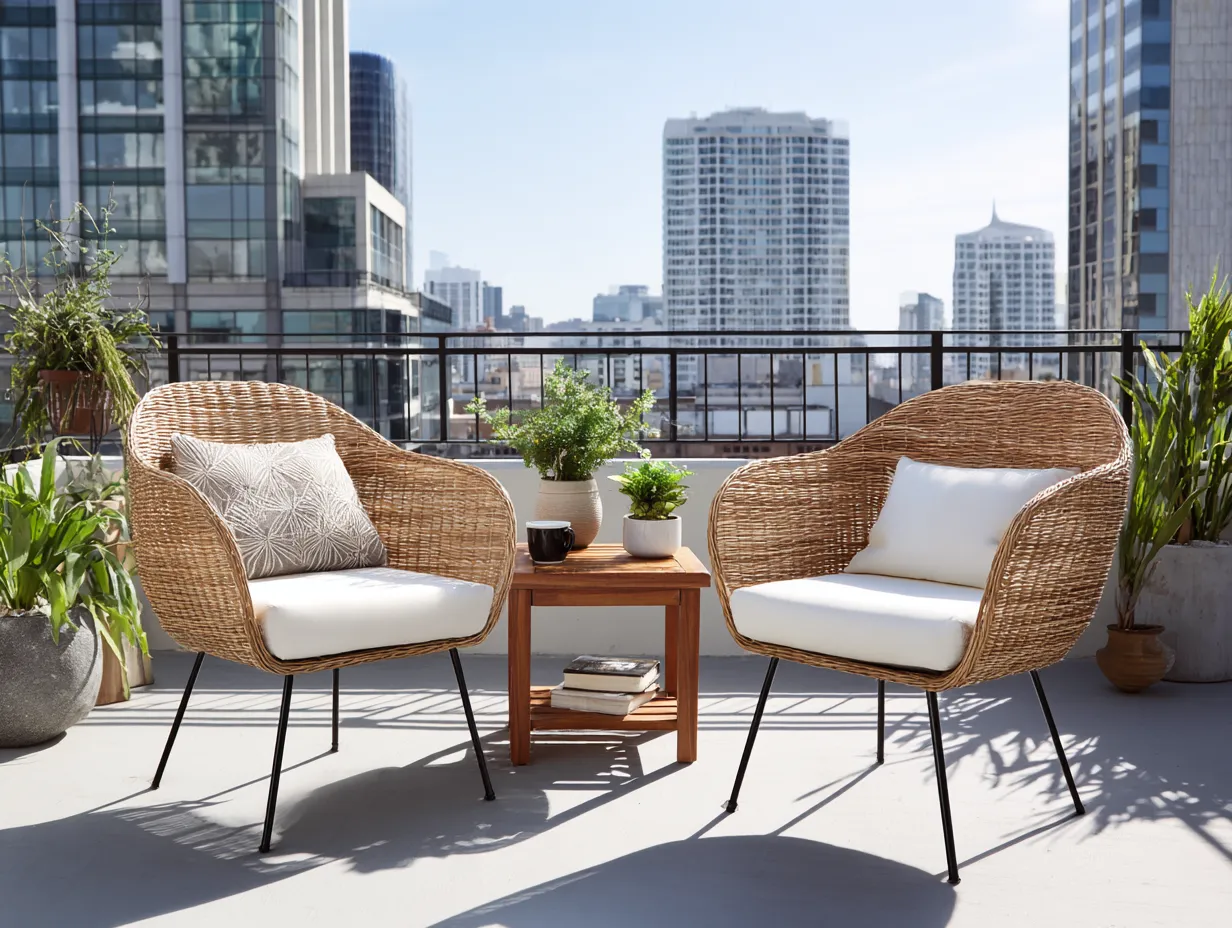 Tisch-und Stuhlset - Rattan - Stuhl 70x60x85 cm - Holz natur/Schwarz/Weiß - für Garten - modernes Design-Warmthsta