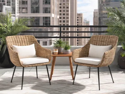 Tisch-und Stuhlset Rattan/Kunststoffgeflecht und Holz - stuhl 65x60x88 cm - natur/weiß/schwarz - für Balkon und Terrasse - modernes Design-Warmthsta