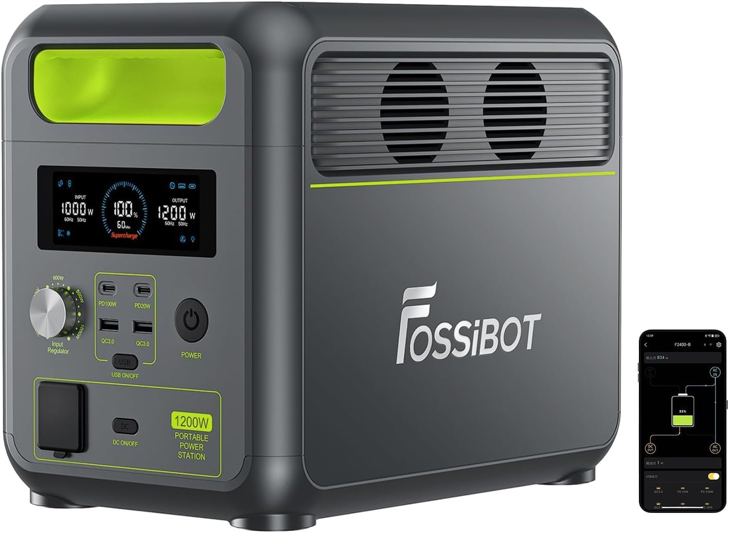 FOSSiBOT Tragbare Powerstation F1200, 1024Wh LiFePO4 Solargenerator mit 2 1200W AC Spitze 2400W , 100W Typ - C, 0 - 100 Prozent Akku in 45 Min Power Station, für Camping, Wohnmobil, RV, Reisen-Warmthsta