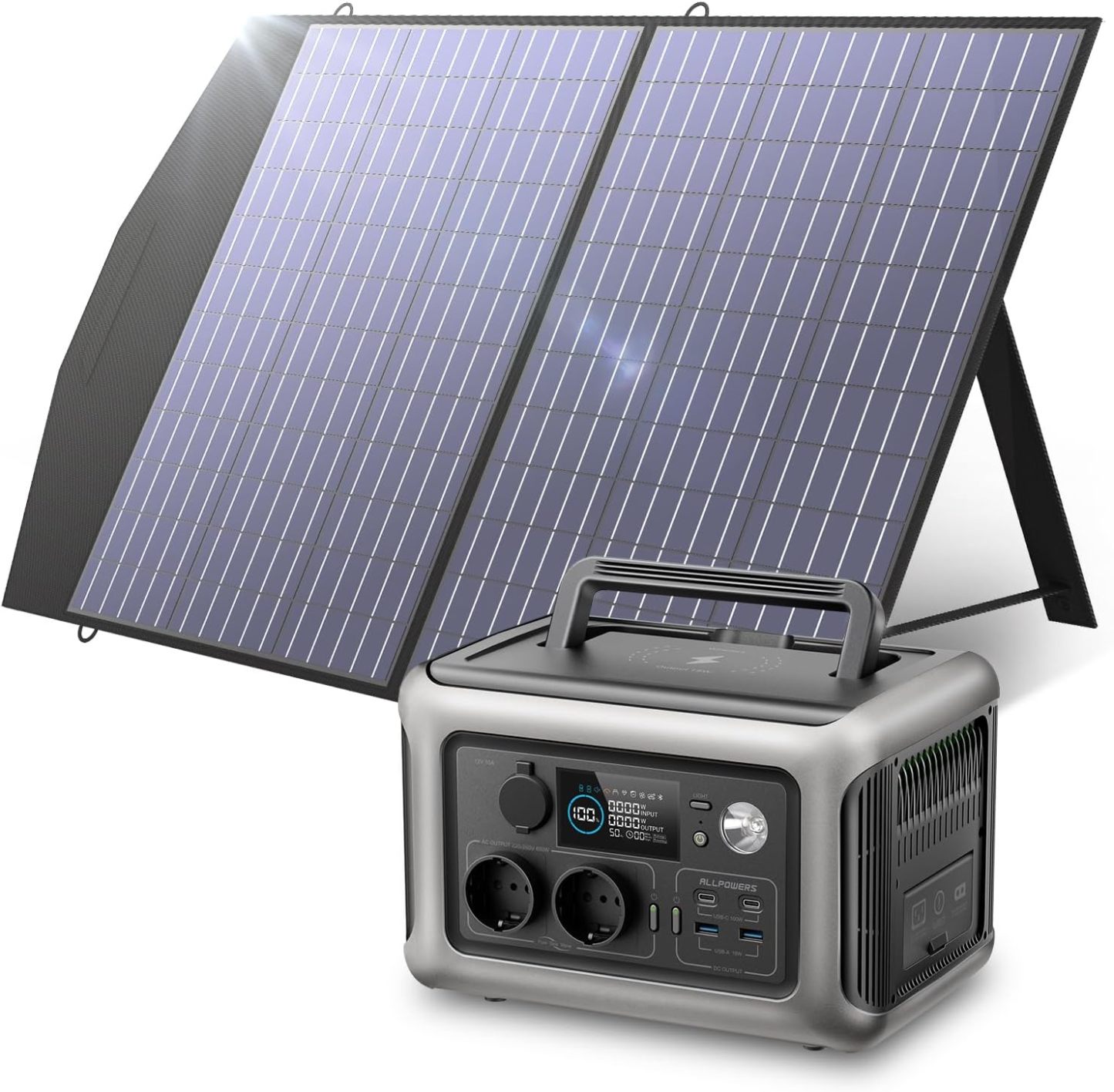 ALLPOWERS Solargenerator R600, 299WH LiFePO4 Batterie, 2x 600W 1200W Spitze AC Ausgang Tragbare Powerstation mit 100W Solarpanel, Mobile Stromversorgung für Garten Reise Camping Wohnmobil Notfall-Warmthsta