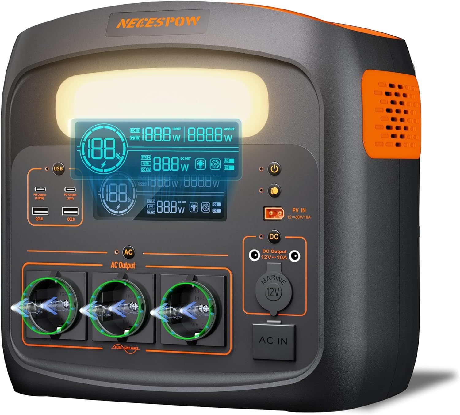 Tragbare Powerstation 1500W 1102,5Wh, LiMnFePO4 Akku, 0 - 100 Prozent in 85 Min aufgeladen, USB - C - 100W, DC - Ausgang, 230V AC Steckdosen, MPPT 400W Solarladung, Solargenerator für Camping, Outdoor-Warmthsta