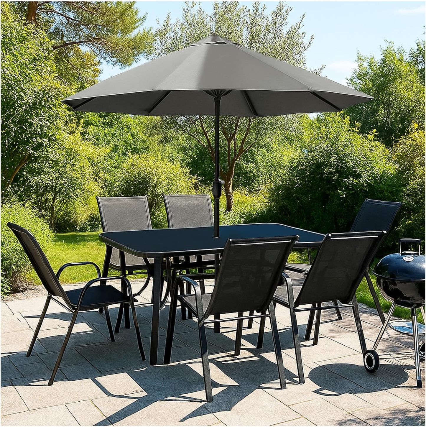 8 - teiliges Gartenmöbel Set - Sitzgruppe für 6 Personen mit Sonnenschirm - Tisch mit Glasplatte Stühle stapelbar - wetterfeste Essgruppe für Garten, Balkon und Terrasse - Schwarz-Warmthsta