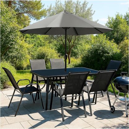 8 - teiliges Gartenmöbel Set - Sitzgruppe für 6 Personen mit Sonnenschirm - Tisch mit Glasplatte Stühle stapelbar - wetterfeste Essgruppe für Garten, Balkon und Terrasse - Schwarz-Warmthsta