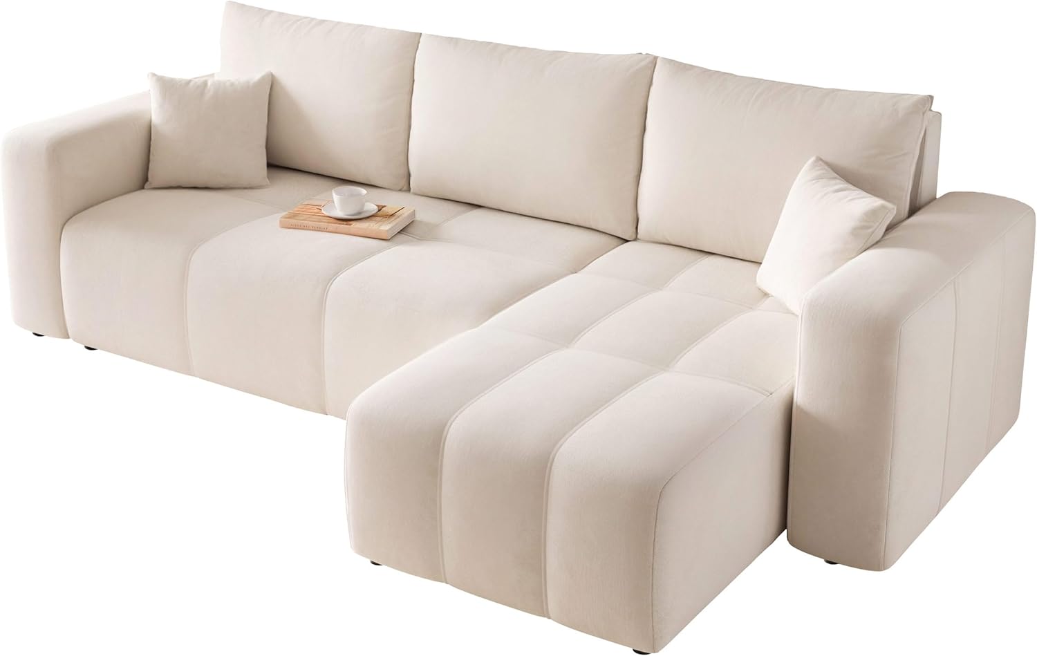 Sofa mit Schlaffunktion 145x248 - Beige Ecksofa mit Schlaffunktion und Bettkasten - Sofa 3 Sitzer - Schlafsofa - Couch - Schlafsofa mit Bettkasten-Warmthsta