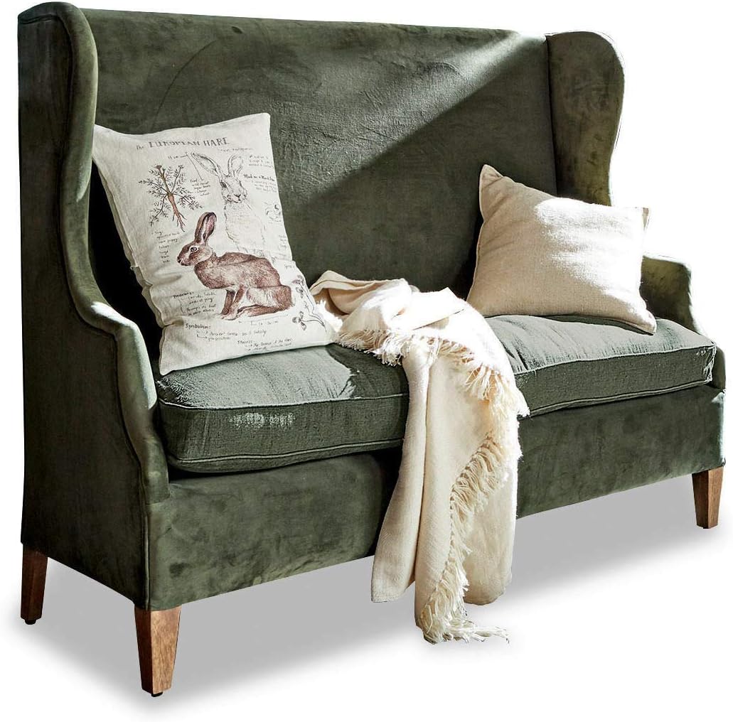 Loberon Sofa Ombra, klassischer Ohrenbacken - Stil, edler Materialmix, Ohrensessel, Sitzmöbel, Mangoholz, Polyestersamt, Leinen, antikgrün-Warmthsta