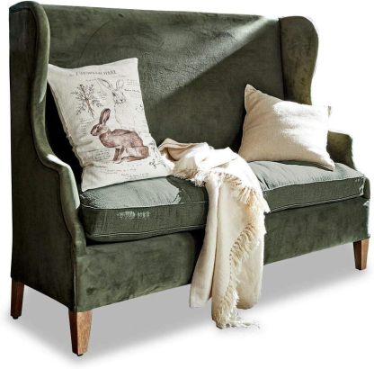 Loberon Sofa Ombra, klassischer Ohrenbacken - Stil, edler Materialmix, Ohrensessel, Sitzmöbel, Mangoholz, Polyestersamt, Leinen, antikgrün-Warmthsta