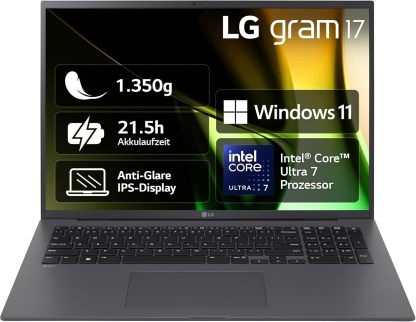 LG gram 17 Zoll Laptop mit Windows 11 Intel Core Ultra 7, 32GB RAM, 2TB SSD, Windows 11, 16:10 IPS - Display, 17Z90S - G.AD7CG - Grau-Warmthsta