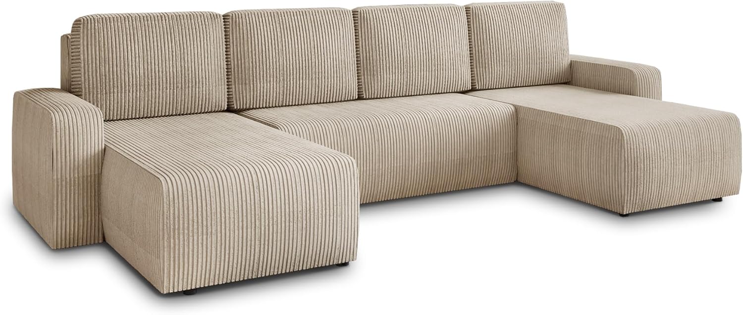 Sofnet Wohnlandschaft mit Schlaffunktion Roma - U - Form Couch, Schlafsofa mit Bettkasten, Couchgranitur mit Bettfunktion, Big Sofa, Cord Stoff Beige Poso 100-Warmthsta