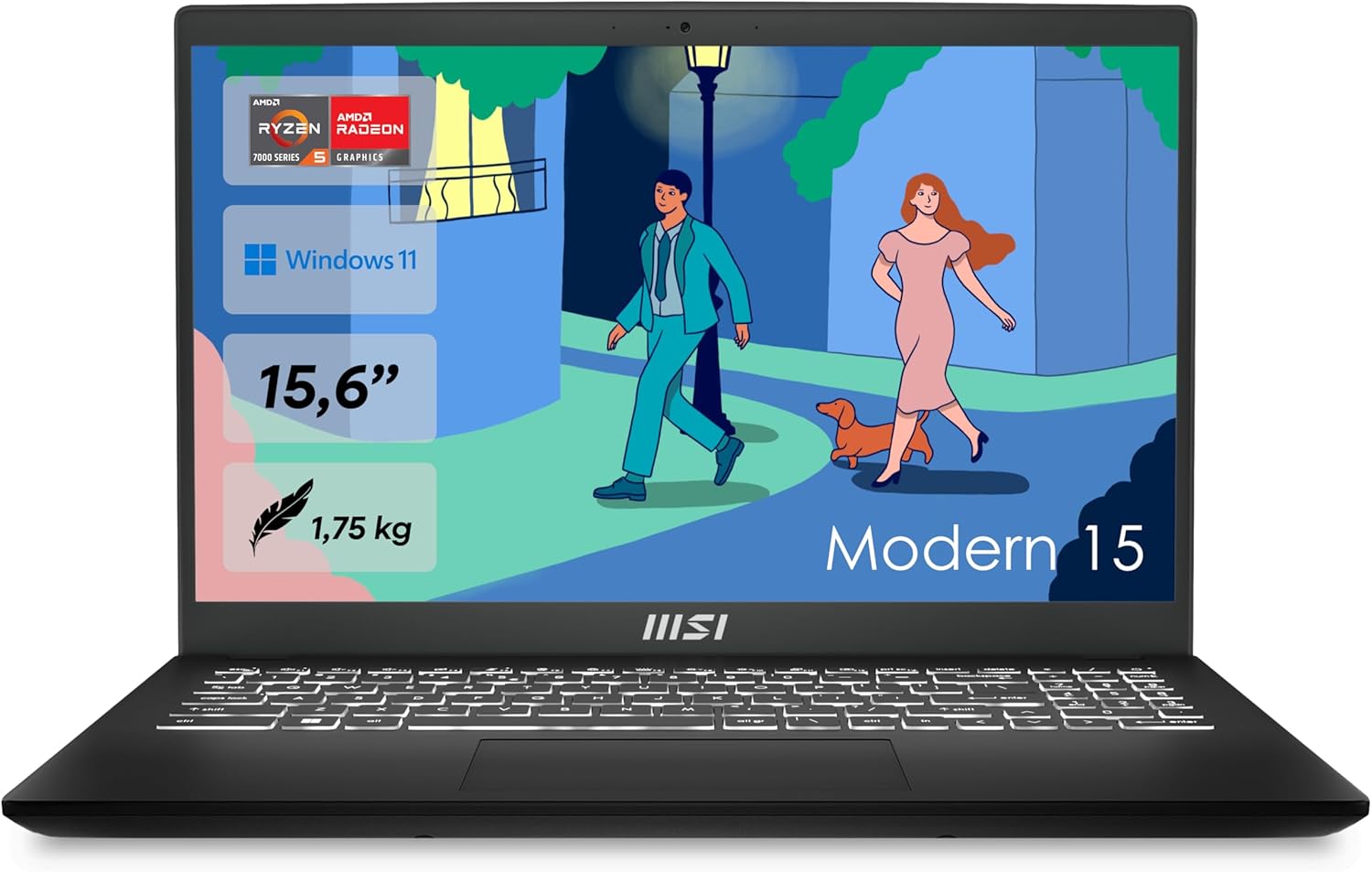 MSI Modern 15 Lifestyle und Business Laptop, 15,6 Zoll Full HD Display, AMD Ryzen 5 7430U Prozessor, 16 GB DDR4 RAM, 512GB SSD, AMD Radeon Graphics, Windows 11 Home, Schwarz, B7M - 463-Warmthsta