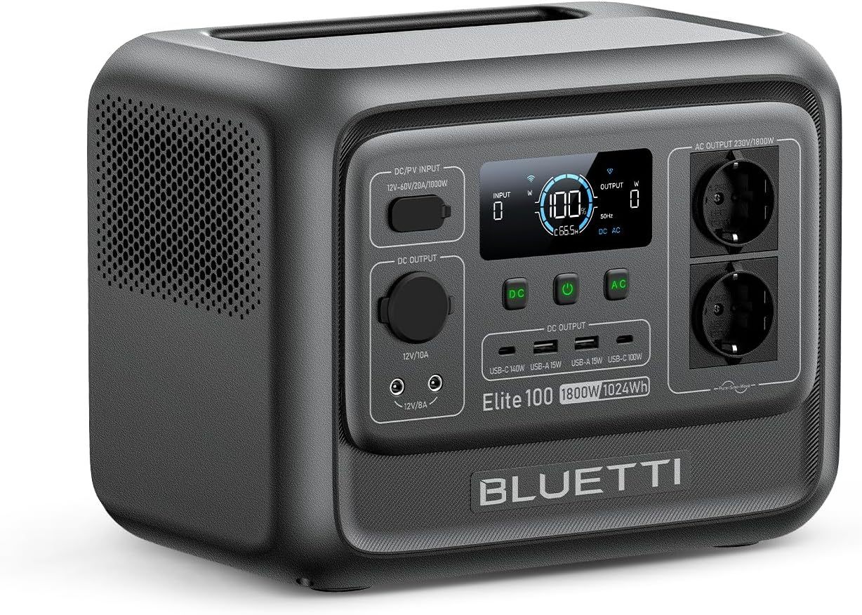 BLUETTI Elite 100 V2 2025 Neu Tragbare Power Station, 1024Wh LFP Batterie Backup mit 2 1800W AC Ausgängen 3600W Surge , 35 Prozent Kompakter, Solar Generator für Camping, Stromausfälle und Off - grid-Warmthsta