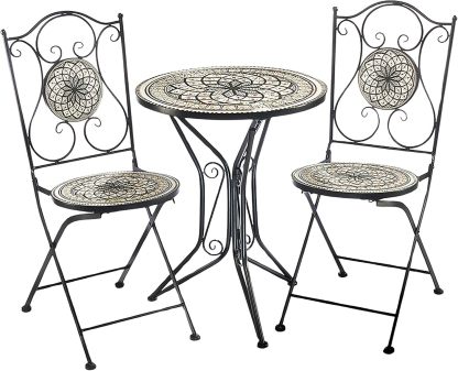 Kobolo Sitzgruppe Gartenmöbel Mosaikoptik - 1 Tisch - 2 Stühle - Metall - grau - weiß-Warmthsta