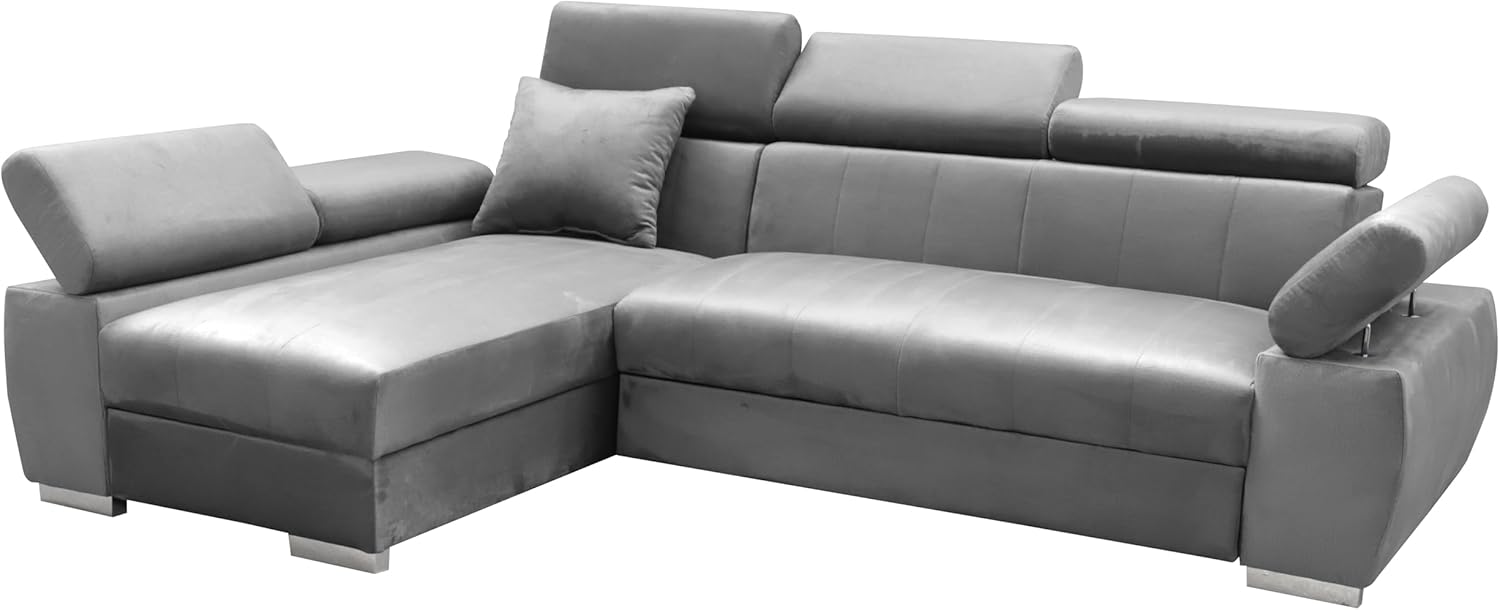 Ecksofa OTTO, Eckcouch mit Schlaffunktion, Federkern, Verstellbare Kopfstützen, Einfacher Klappmechanismus, Bettfunktion, Zusätzlicher Stauraum, Plüsch Grau, Links-Warmthsta