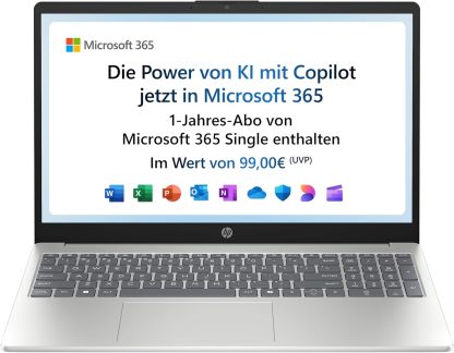 HP Laptop - 15,6 Zoll FHD Display - Intel N100 - 4 GB DDR4 RAM - 128 GB UFS - Intel UHD Graphics - Microsoft 365 Single 1 Jahr enthalten - Windows 11 Home im S - Modus - QWERTZ - Natural Silver-Warmthsta