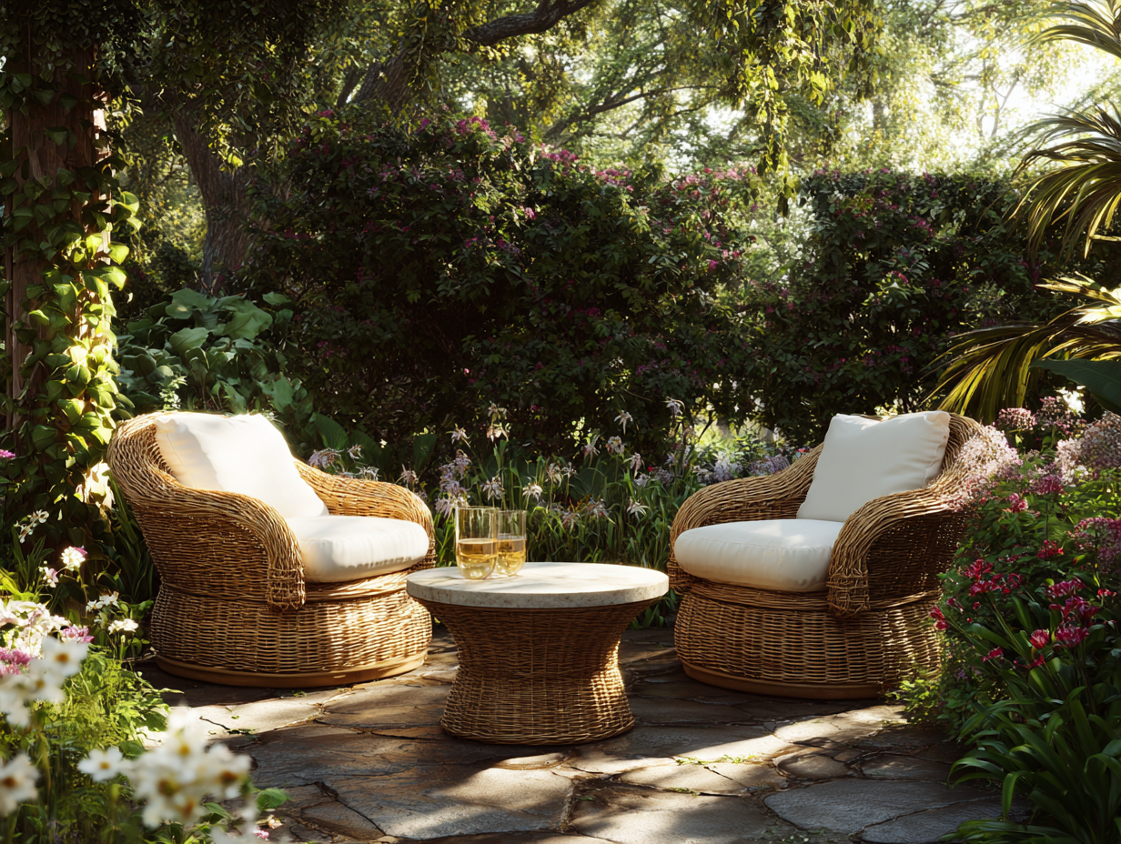 Tisch-und Stuhlset Rattan/Kunststoffgeflecht und Stein -Stuhl 82x78x92 cm - natur/weiß - für Garten und Terrasse - komfortables Design-Warmthsta